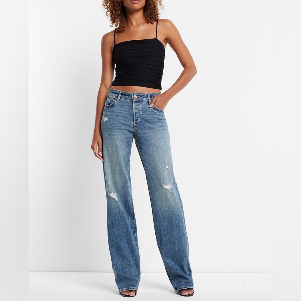 Express Low Rise Medium Wash Baggy Relaxed Straight Blue Jeans 10 Short 10S 10 S